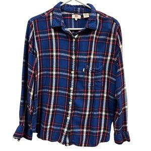 Levis Flannel Button Up Blue Red Plaid Long Sleeve Youth Big Girls XL